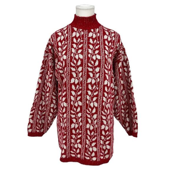 Vintage 90’s American Pride Sweater Floral Red White Metallic Medium - Picture 1 of 7